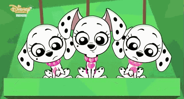 three dalmatian puppies are sitting next to each other on a green background with the words disney premiere on the bottom