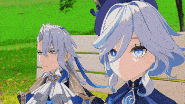 two anime characters are standing next to each other on a bench