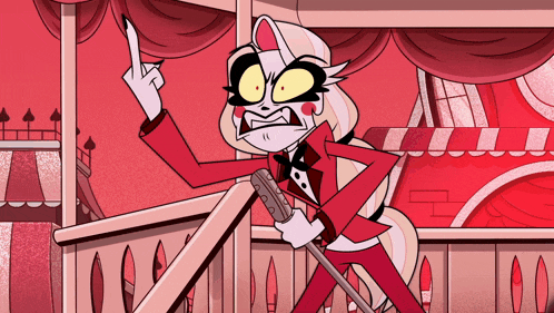 a cartoon character in a red suit is holding a microphone