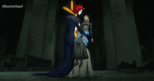 a red haired anime character is holding a yellow sword and the words illustrate soul are on the bottom