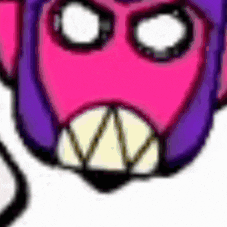 a close up of a cartoon character 's mouth with a pink and purple face