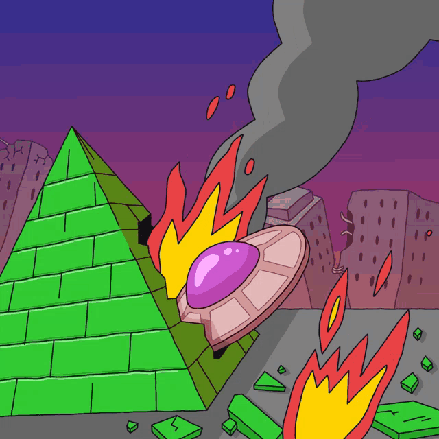 a cartoon drawing of a pyramid being destroyed by a purple object