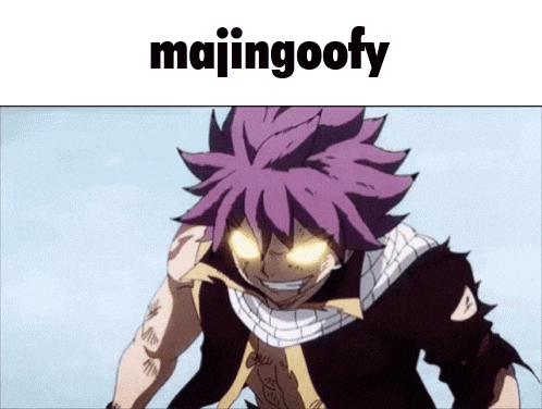 a fairy tail character with purple hair and the words majingoofy