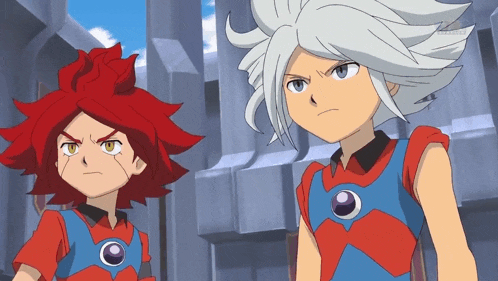 two anime characters are standing next to each other and one has red hair