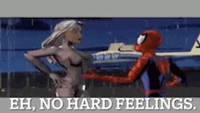 a cartoon of a man and a woman standing next to each other with the words eh no hard feelings .