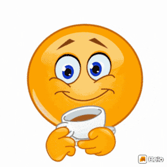 a smiley face is holding a cup of coffee and says hello