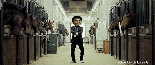 a man in a suit stands in a stable with horses