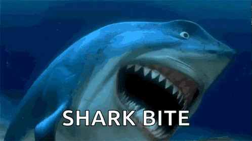 a shark with its mouth open and the word shark bite written below it