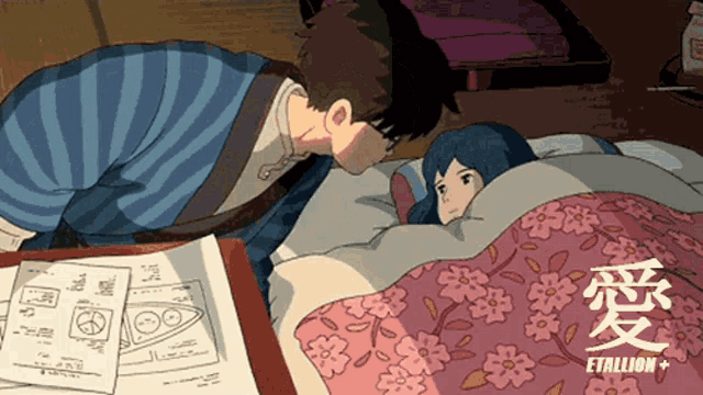 a cartoon of a man kissing a woman on the forehead with the word etallion above them