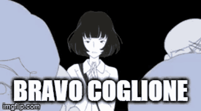 a black and white drawing of a girl with the words `` bravo coglione '' written on the bottom .