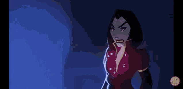 a cartoon of a woman standing in a dark room with a cat icon in the corner