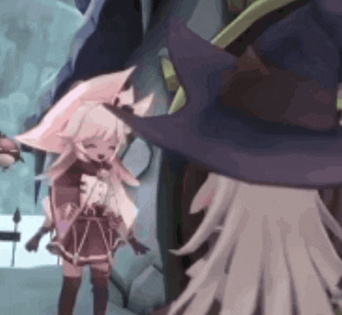 a couple of anime characters are standing next to each other . one of the characters is wearing a witch hat .