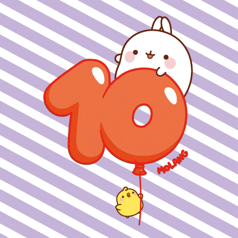 a cartoon bunny is holding a red balloon with the number 10 on it