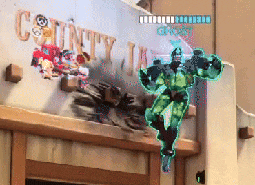 a video game character is flying in front of a county jail sign