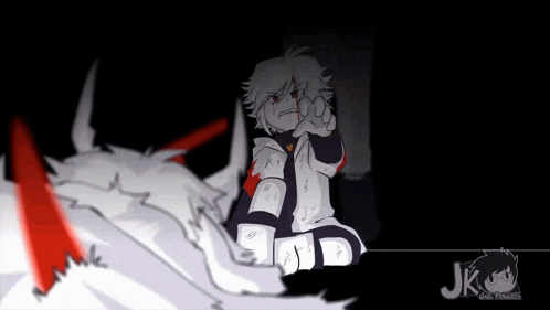 a cartoon of a boy sitting in front of a monster .