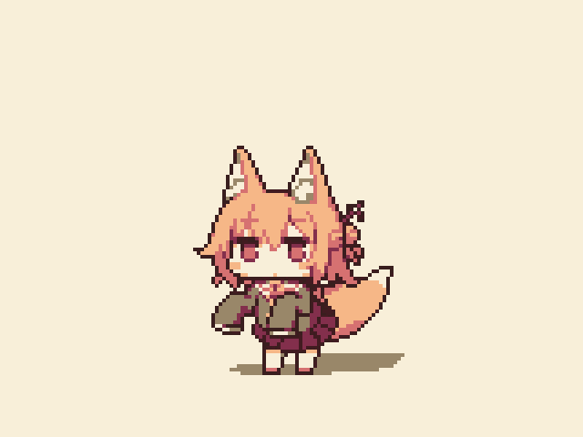 a pixel art illustration of a fox girl with a red eye and a red tail .