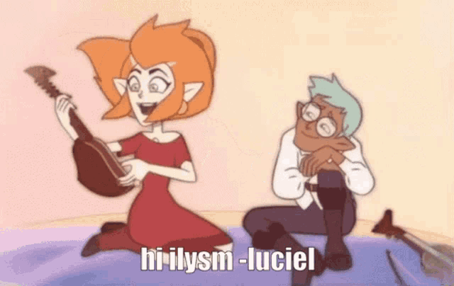 a cartoon of a girl playing a guitar and a boy sitting next to her .