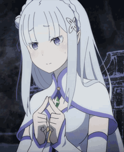a girl with white hair and purple eyes is making a peace sign with her hands