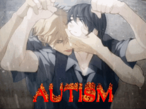 a painting of two men with the word autism in red