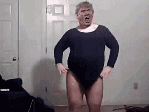 donald trump is wearing a leotard and making a funny face while standing in a room .