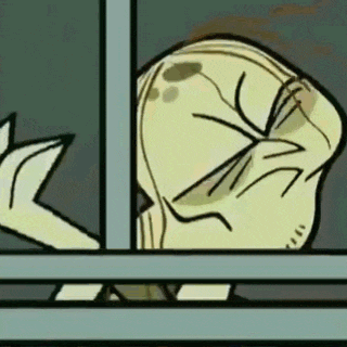 a cartoon character is peeking out from behind a window .
