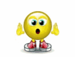 a yellow smiley face with a surprised look on his face is wearing red sneakers .