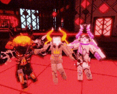 three cartoon characters are standing next to each other on a red floor in a room .