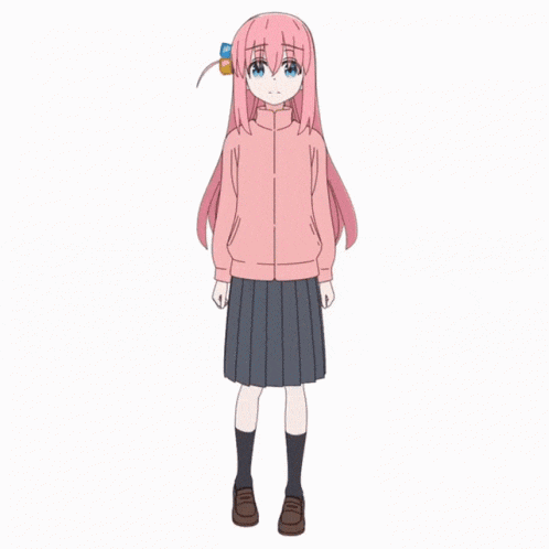 a girl with pink hair wearing a pink jacket and black skirt