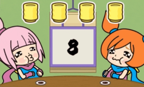a cartoon of two girls sitting at a table with the number 8 on the wall