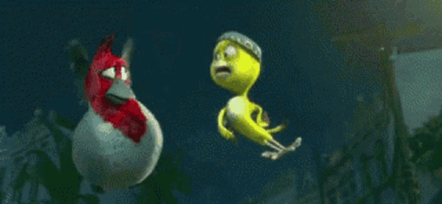 a cartoon bird is swimming in the water next to a fish .