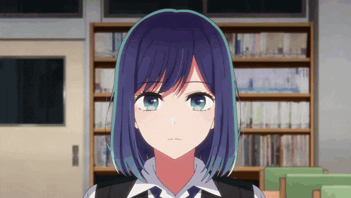 a girl with blue hair is standing in front of bookshelves