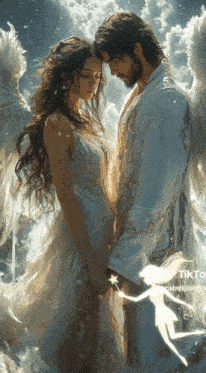 a painting of a man and woman with angel wings holding hands