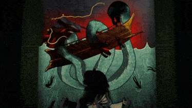 a drawing of a girl being attacked by a giant octopus