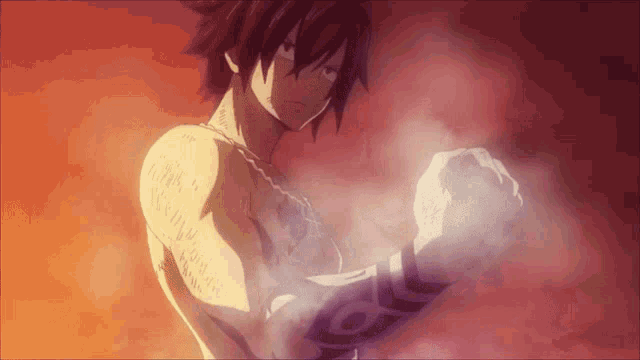 a shirtless anime character has a tattoo on his arm that says " i love you "