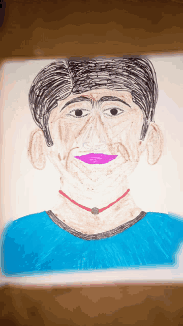 a drawing of a man with a blue shirt and red necklace