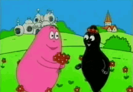 a pink and black cartoon character are standing in a field of flowers