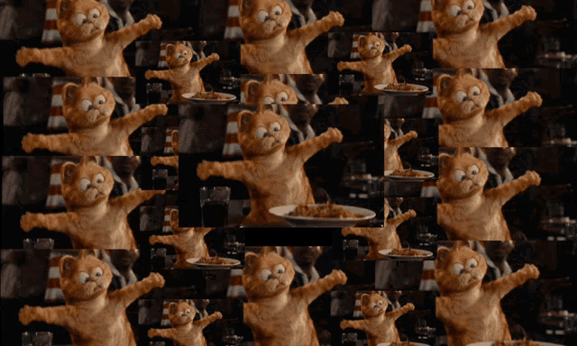 a collage of images of a cartoon cat with a plate of food