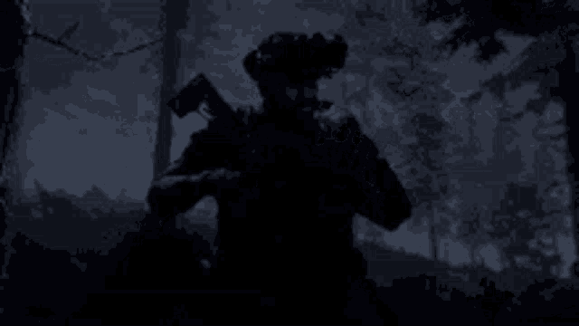 a silhouette of a soldier with a gun in the dark .