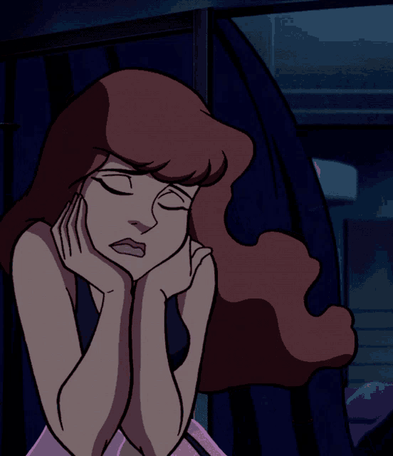 a cartoon of a woman with her eyes closed and her hands on her face