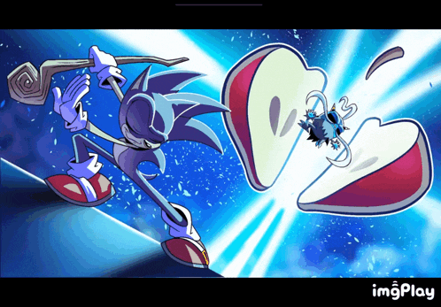 a cartoon of sonic the hedgehog holding a sword and a slice of apple with the words imgplay at the bottom
