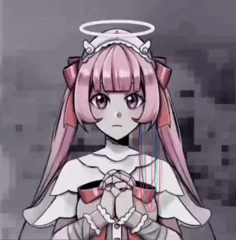 a cartoon girl with pink hair and a halo on her head is holding a rosary .