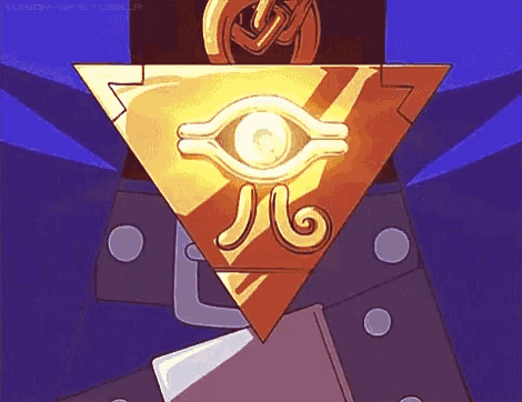 a cartoon drawing of a gold triangle with an eye and the letter j on it
