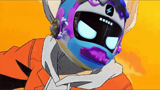 a cartoon character wearing a helmet with a lightning bolt on it 's face