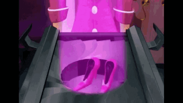 a woman in a pink dress is standing in a room with a pair of pink shoes in front of her