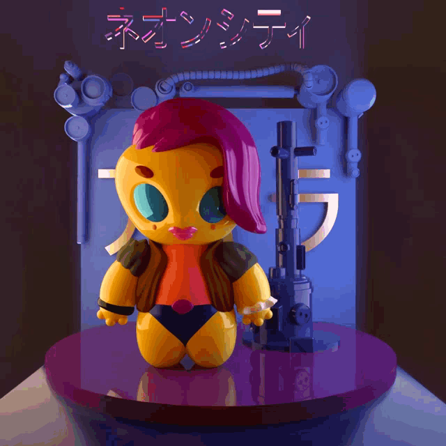 a yellow robot with pink hair is sitting on a purple table in front of a blue wall with neon city written on it