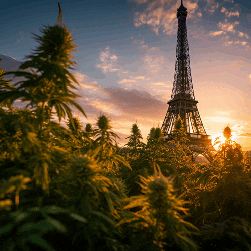the eiffel tower is visible behind a field of marijuana