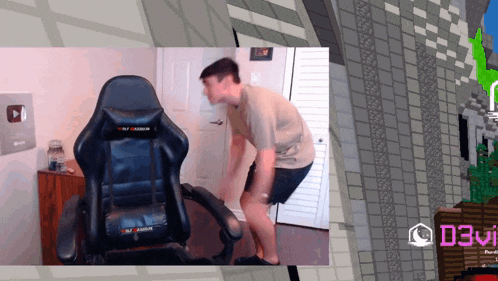 a man is squatting down in front of a chair that says wolf guardian on it