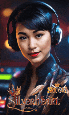 a woman wearing headphones stands in front of a banner that says silverheart