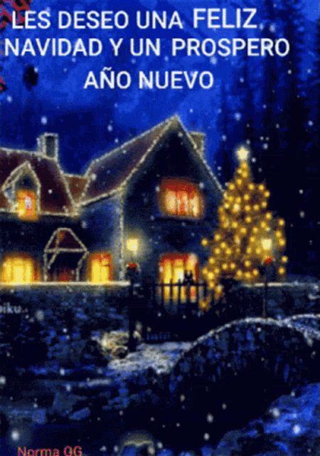 a picture of a house with a christmas tree in front of it that says les deseo una feliz navidad y un prospero