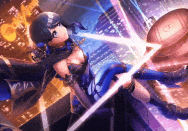 a woman in a blue dress is holding a sword in front of a sign that says ' a ' on it